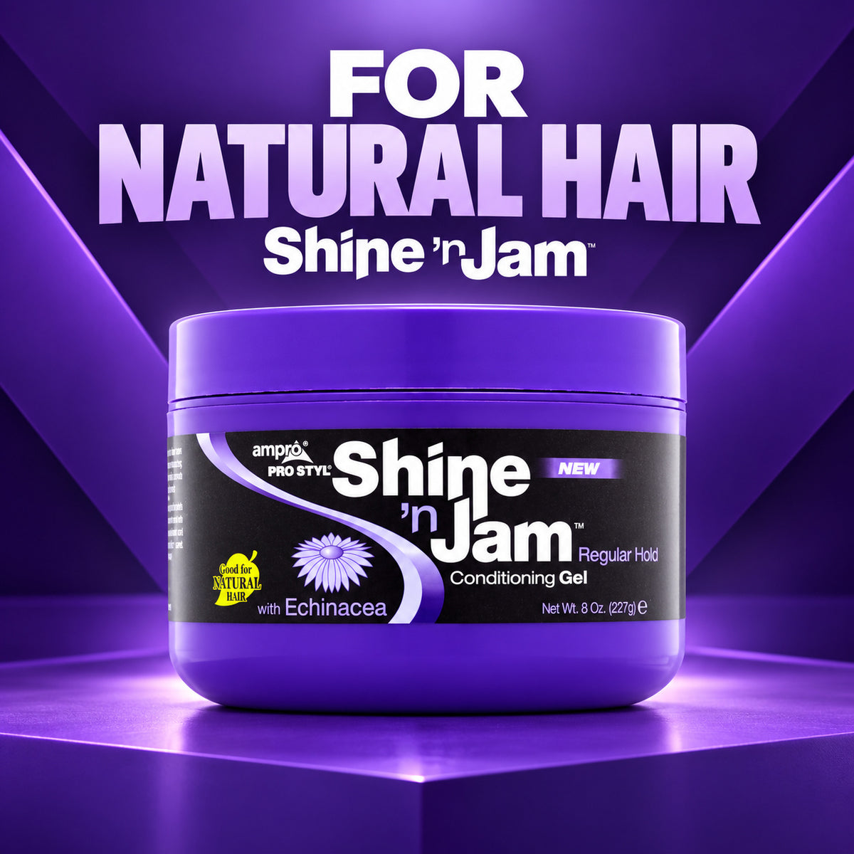 A purple jar of ampó Hair Shine 'n Jam Conditioning Gel centered on a purple geometric background with the text 'FOR NATURAL HAIR Shine 'n Jam' above it.