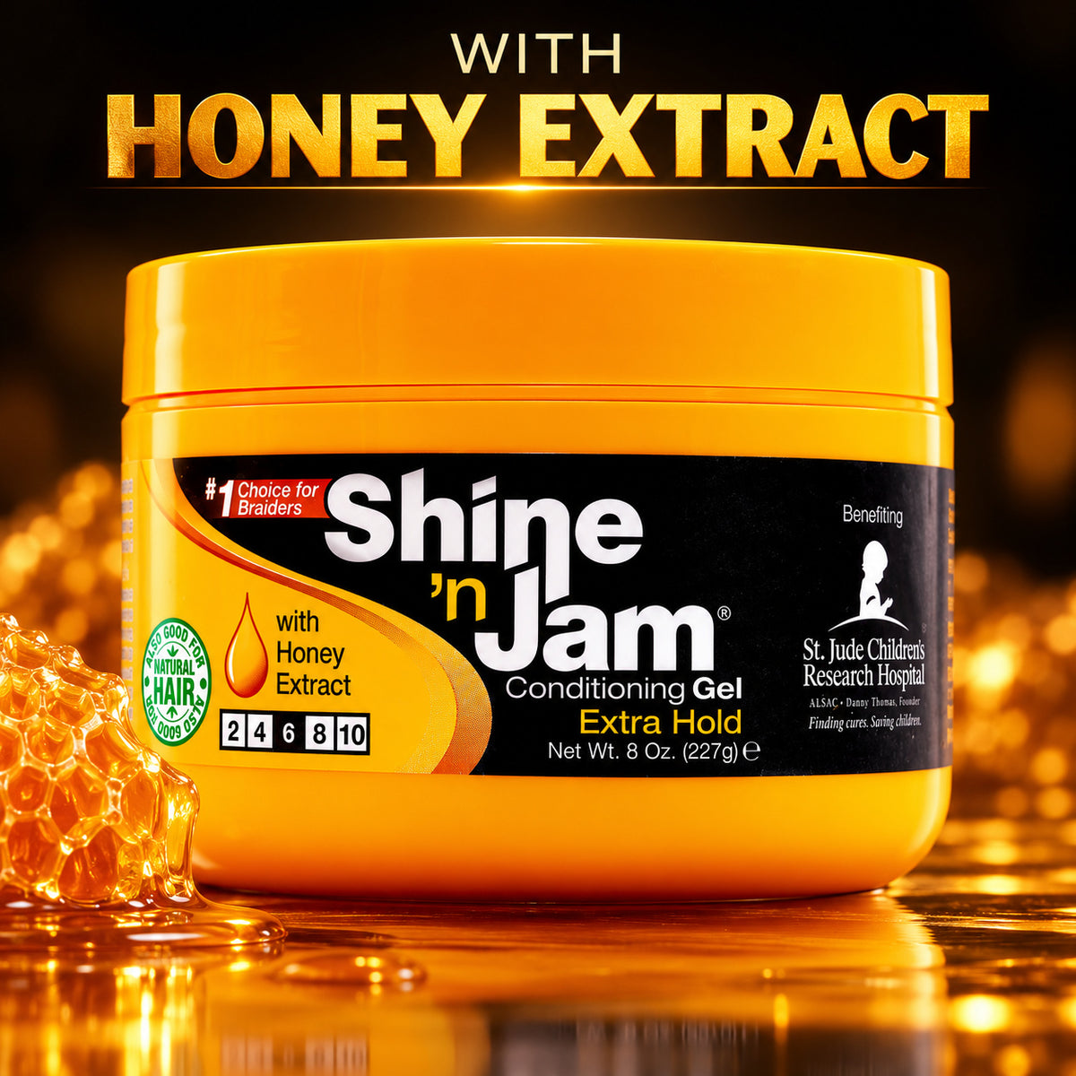 A jar of Shine 'n Jam Conditioning Gel Extra Hold with a prominent yellow-orange body and black label, displayed on a reflective golden surface with honeycomb and a large 'WITH HONEY EXTRACT' text overlay at the top.
