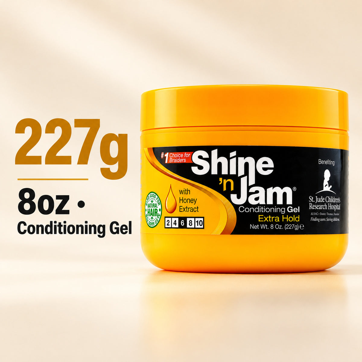 An 8 oz jar of St. Jude Children's Research Hospital 'Shine 'n Jam' Conditioning Gel, 227g, shown on a warm beige background with promotional text overlays.