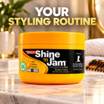 A jar of Shine 'n Jam Extra Hold Conditioning Gel sits on a marble surface with a blurred bathroom-like background. Large overlaid text at the top reads 'YOUR STYLING ROUTINE'.