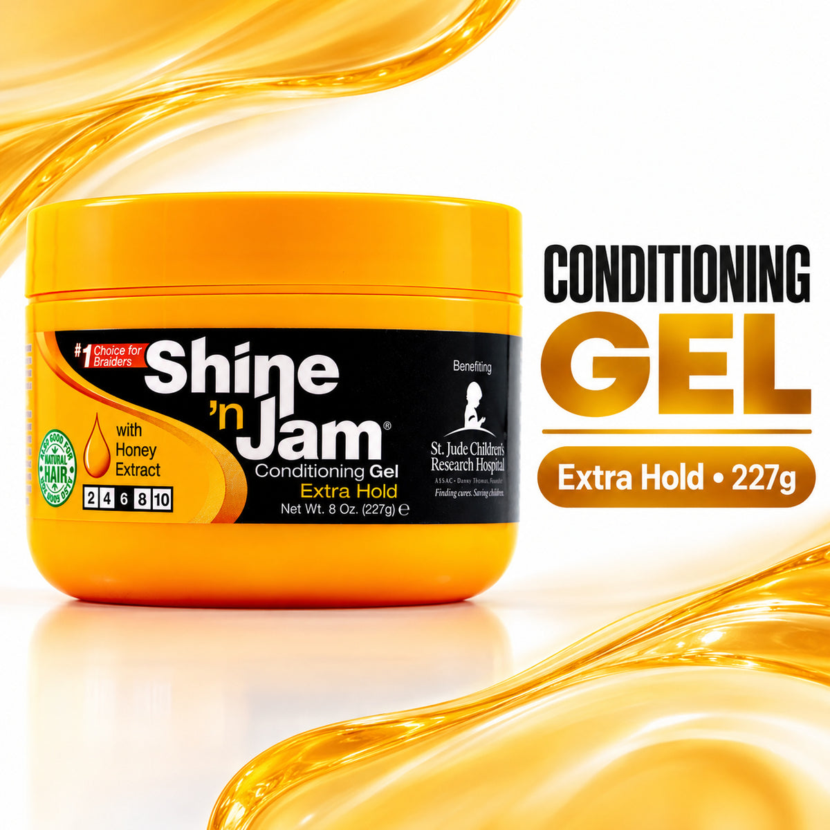 A jar of Shine 'n Jam Conditioning Gel Extra Hold, 227g, shown on a white background with decorative golden gel swirls and text overlays indicating 'CONDITIONING GEL' and 'Extra Hold'.