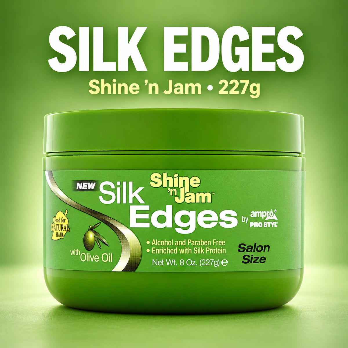 A green jar of Ampere Pro Styling Silk Edges Shine 'n Jam salon size hair product, shown against a matching green gradient background with large white and yellow text reading 'SILK EDGES' above it.