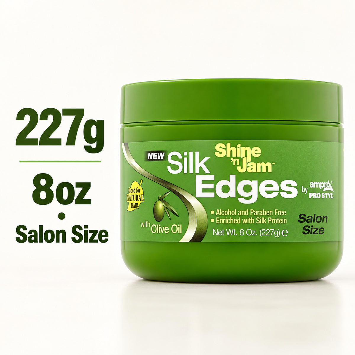 A green jar of Shine 'n Jam Silk 'Edges salon size hair product on a white background, with text on the left stating 227g / 8oz / Salon Size.
