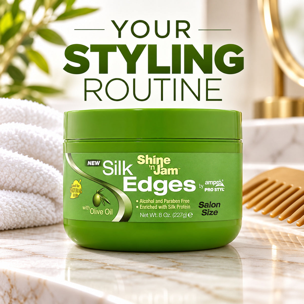 A green jar of Shine 'Em Jam Silk Edges hair product sits on a marble surface with a towel and wooden comb in a bright bathroom setting. Large text above reads 'YOUR STYLING ROUTINE'.