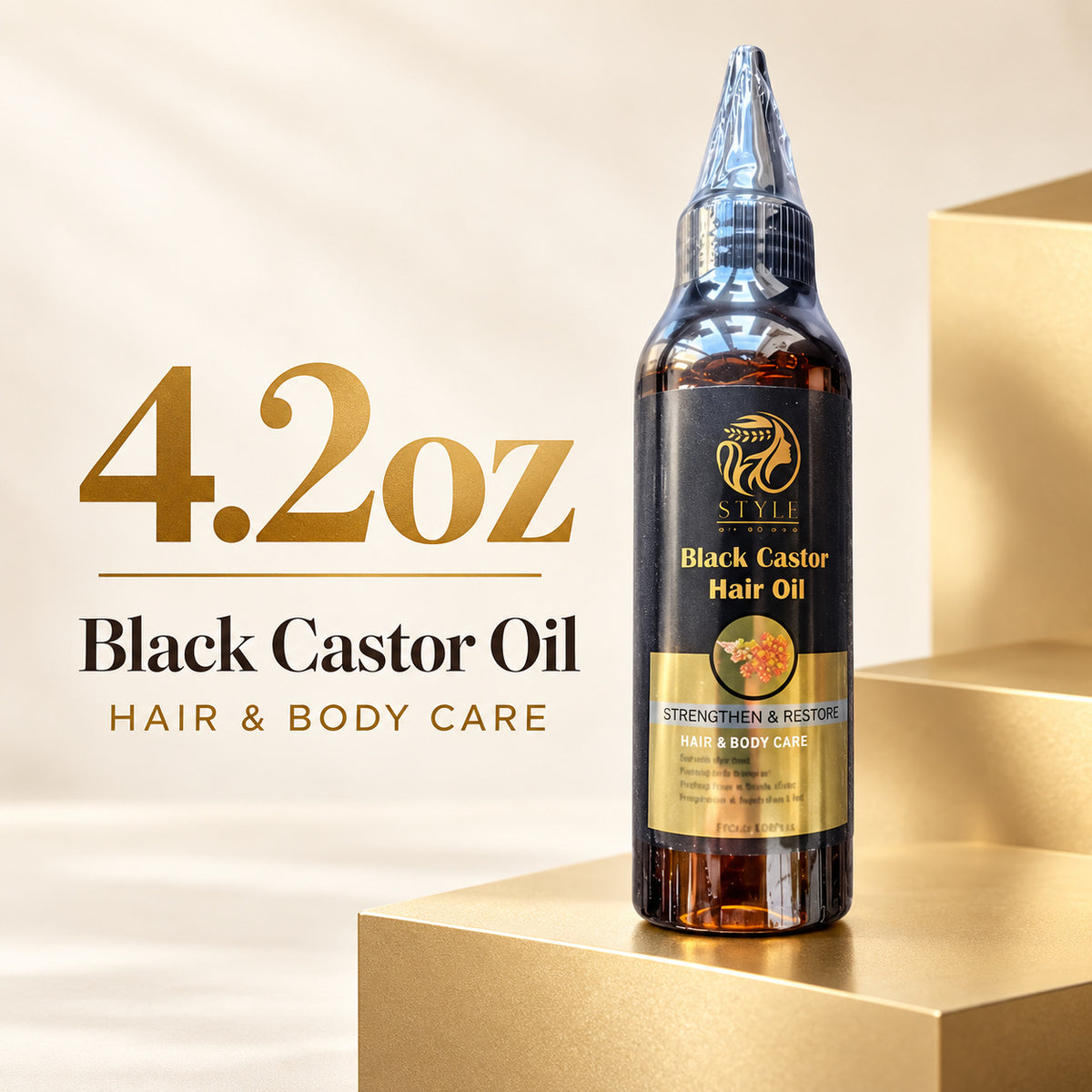 A 4.2 oz bottle of NITRIL Black Castor Hair Oil stands on a gold pedestal against a warm beige background with text reading '4.