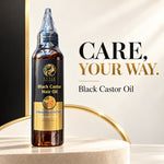 A bottle of Style by Nature Black Castor Hair Oil stands on a light stone pedestal with decorative gold arches. The bottle is amber glass with a black and gold label and a blue cap.