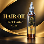 A bottle of Style of Life Black Castor Hair Oil stands on a reflective gold surface against a black and gold graphic background. The bottle is amber glass with a black and gold label and a clear pointed cap.