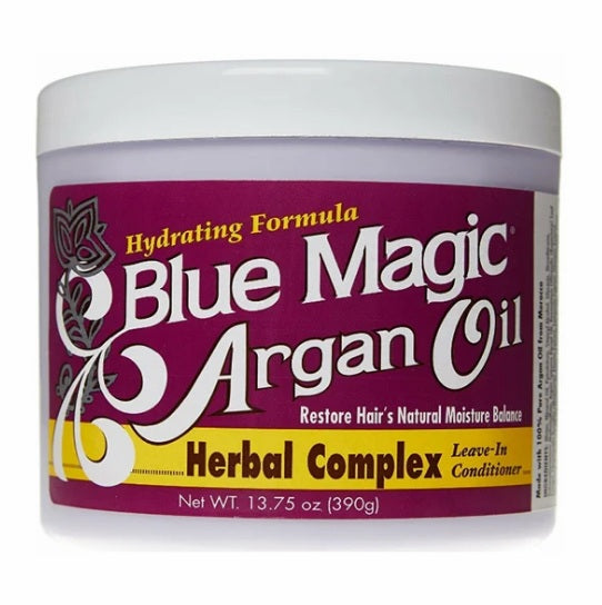 Blue Magic Argan Oil Herbal Complex Leave-In Conditioner in a white plastic jar with a purple and yellow label.