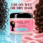 A jar of Camille Rose Naturals Curlaide Moisture Butter is centered against a split background of blue water and pink satin, with large text reading 'USE ON WET OR DRY HAIR' and curls of hair framing the scene.