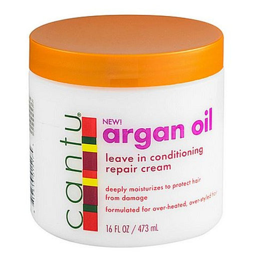 Cantu Argan Oil Leave-In Conditioning Repair Cream 473ml for strengthening and moisturizing dry, damaged hair.