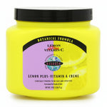 Yellow jar of Lemon Plus Vitamin C creme with a black lid on a white background