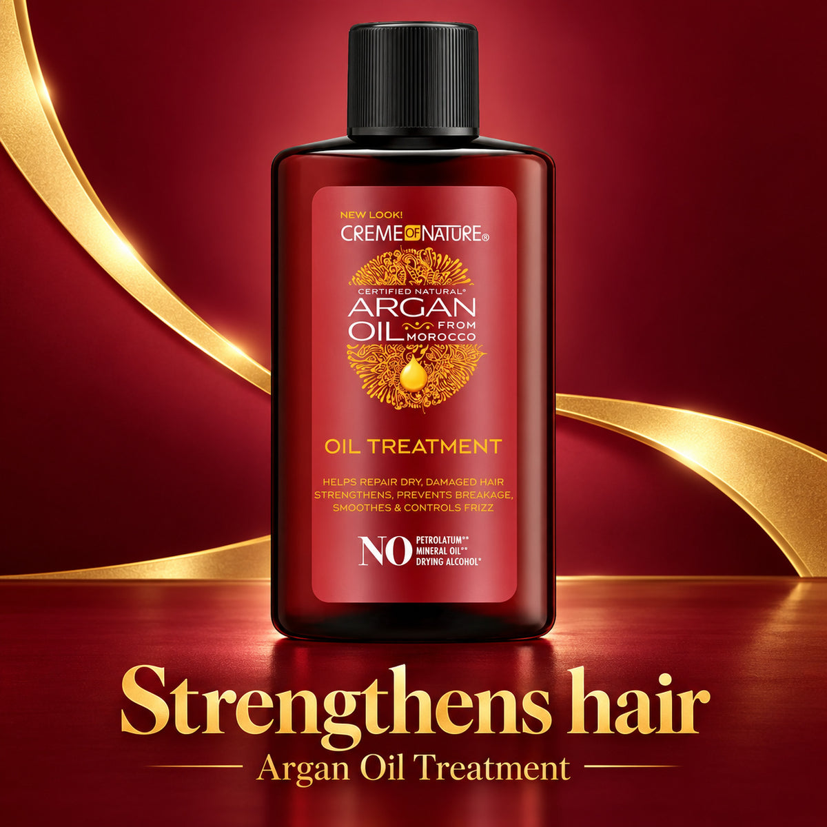A bottle of Creme Nature Argan Oil Hair Treatment stands centered on a glossy dark red background with gold curved accents. The bottle is black with a red label and gold text, and the words 'Strengthens hair' and 'Argan Oil Treatment' appear below.