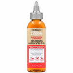 A bottle of Dr. Miracles Strong & Healthy Black Castor & Tea Tree Restoring Hair & Scalp Oil, featuring amber liquid, a beige and red label, and a silver dropper cap on a white background.