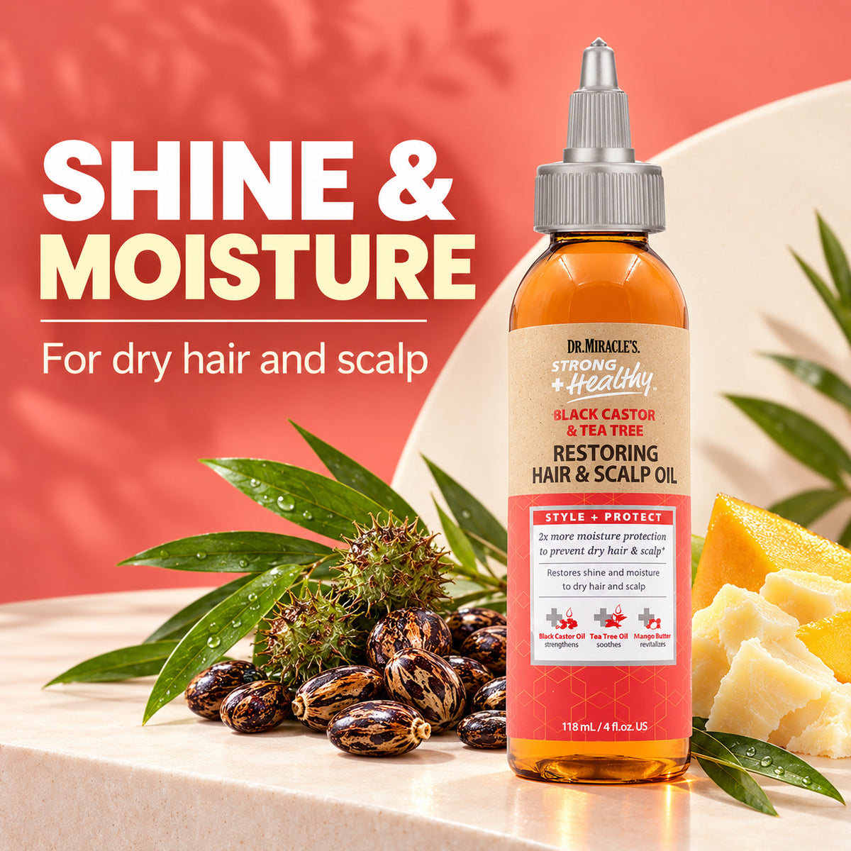 A bottle of Dr. Miracle's Strong & Healthy Black Castor & Tea Tree Restoring Hair & Scalp Oil stands on a marble surface with castor seeds, green leaves, and butter props against a coral and cream background.