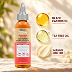 A bottle of Dr. Miracles Strong & Healthy Black Castor & Tea Tree Restoring Hair & Scalp Oil stands on a stone surface with three ingredient callouts and oil droplets: Black Castor Oil, Tea Tree Oil, and Mango Butter.