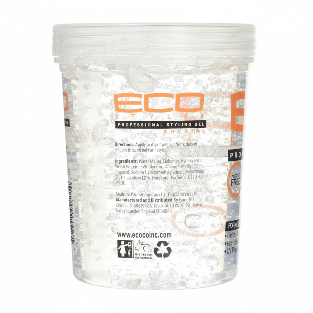 Eco Styler Krystal Styling Gel 32oz in clear tub, ideal for maximum hold and shine without flaking.