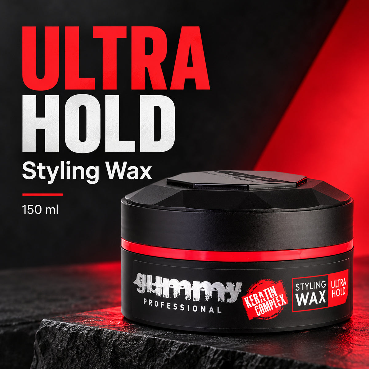 A 150 ml jar of Gummy Professional Ultra Hold Styling Wax, shown on a dark textured surface with a dramatic red and black background. The product packaging is black with a red band and white and red text.
