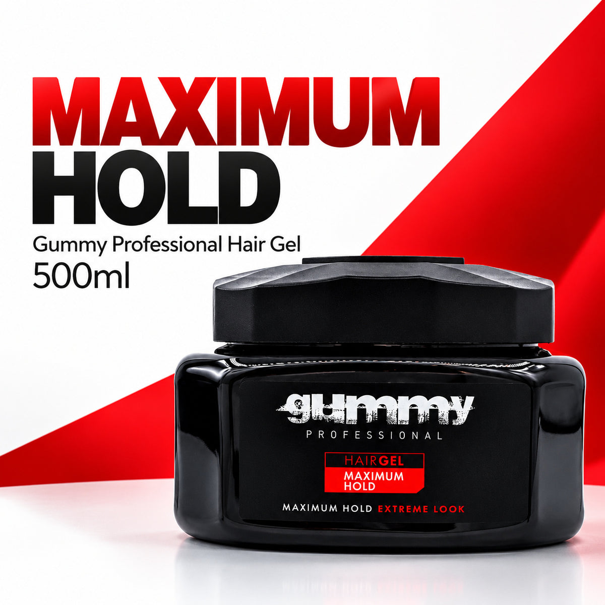 A black jar of Gummy Professional Hair Gel with Maximum Hold, set against a white and red graphic background with bold red and black text.