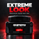 A black jar of Gummy Professional hair gel with a matching black lid, set against a dark background with red glow and text reading 'EXTREME LOOK Maximum Hold Hair Gel'.