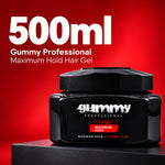A black jar of Gummy Professional Hair Gel with a red label, displayed on a black pedestal against a vibrant red background with white text reading '500ml Gummy Professional Maximum Hold Hair Gel'.