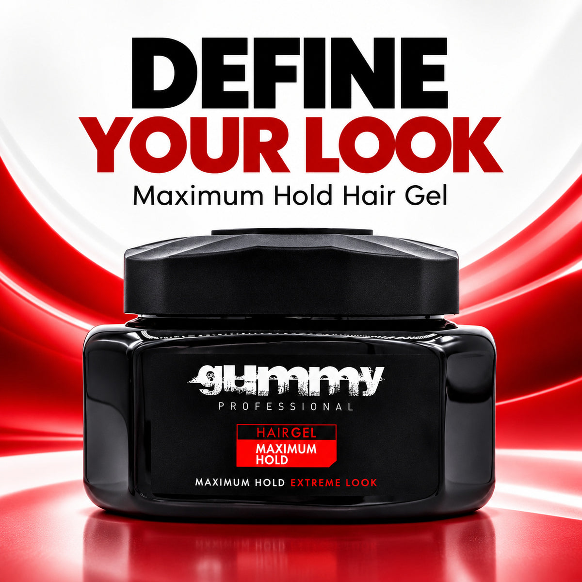 A black jar of Gummy Professional Hairgel Maximum Hold hair gel centered on a red and white graphic background with the text 'DEFINE YOUR LOOK Maximum Hold Hair Gel' above it.