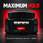 A black jar of Gummy Professional Hair Gel with a matching black lid, set against a dark background with a red glow. Large text at the top reads 'MAXIMUM HOLD' and text at the bottom reads 'Gummy Professional Hair Gel • 500ml'.