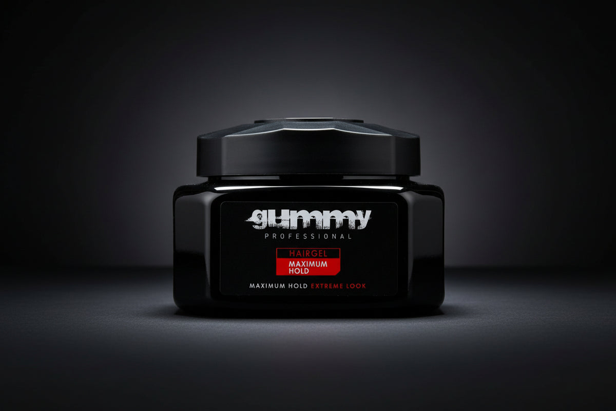 A black plastic jar of Gummy Professional Hairgel Maximum Hold on a clean white background.