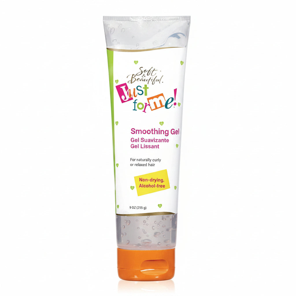 Just For Me! Smoothing Gel in a 9 oz squeeze tube with a clear cap showing the clear gel inside, featuring a white label with green, pink, and orange accents.