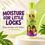 A bottle of Kids Originals Shea Butter hair lotion stands on a white pedestal with promotional text reading 'MOISTURE FOR LITTLE LOCKS' and 'Shea butter hair lotion.' The bottle is pale yellow with a bright green cap and a green-and-purple label showing two children.