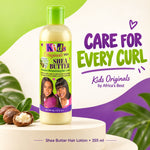 A bottle of Kids Originals Shea Butter Hair Lotion displayed on a white pedestal with a green and purple graphic background. The bottle is translucent with pale yellow liquid inside and a bright green cap.