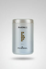 PlatinKer blonde hair bleaching powder container with silver lid on a white background