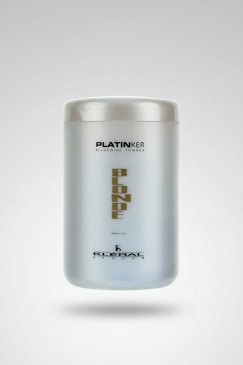 PlatinKer blonde hair bleaching powder container with silver lid on a white background