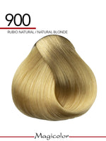 Hair color swatch for Rubio Natural/Natural Blonde with Magicolor branding.