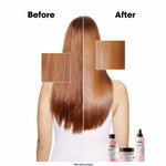Before and after comparison of hair treatment with a person holding hair care products.