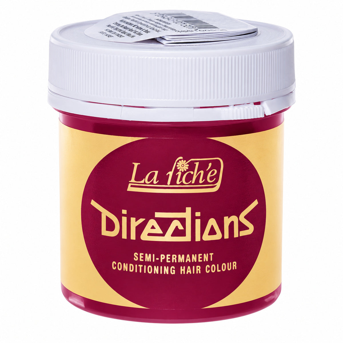 A jar of La Fiché Directions Semi-Permanent Conditioning Hair Colour, featuring a yellow and dark red label with a white screw-on lid.