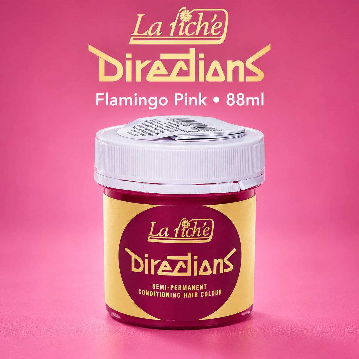 A jar of La Fichée Directions Flamingo Pink semi-permanent conditioning hair colour, set against a solid pink background with the brand logo and product name printed above.
