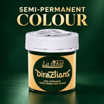 A jar of La Fiche Directions Semi-Permanent Colour hair dye shown against a dark green gradient background with gold text reading 'SEMI-PERMANENT COLOUR' at the top.