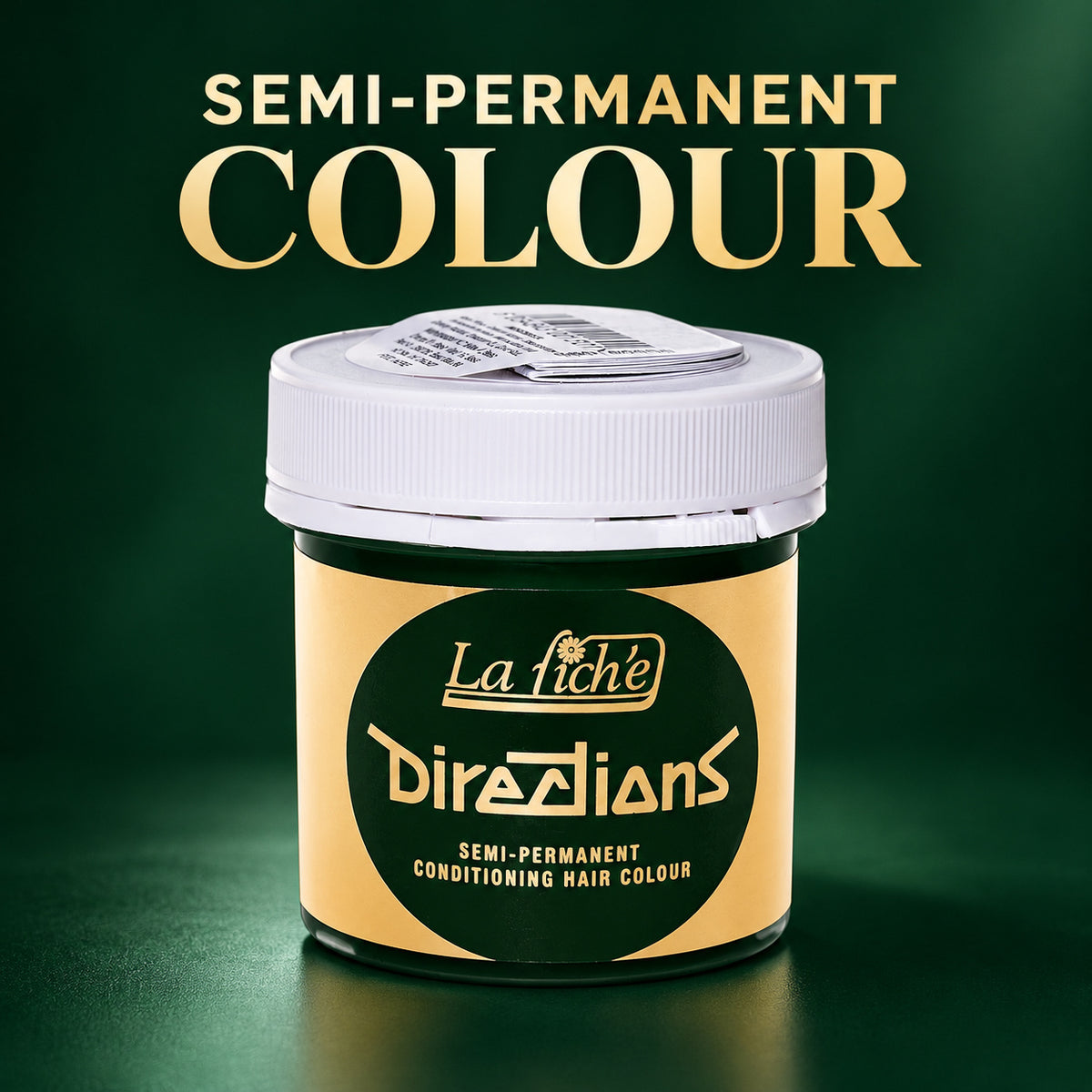 A jar of La Fiche Directions Semi-Permanent Colour hair dye shown against a dark green gradient background with gold text reading 'SEMI-PERMANENT COLOUR' at the top.