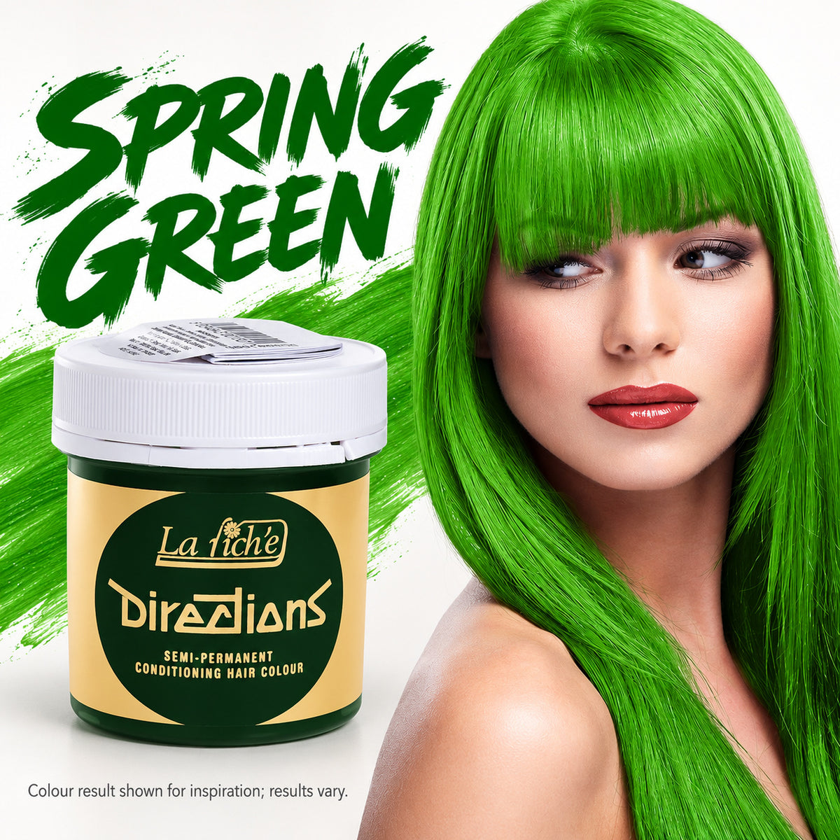 La Fiche Directions Semi-Permanent Conditioning Hair Colour in 'Spring Green'. The left side shows the product jar with a white lid and a gold label, while the right side features a model with vibrant, bright green hair showcasing the color result.
