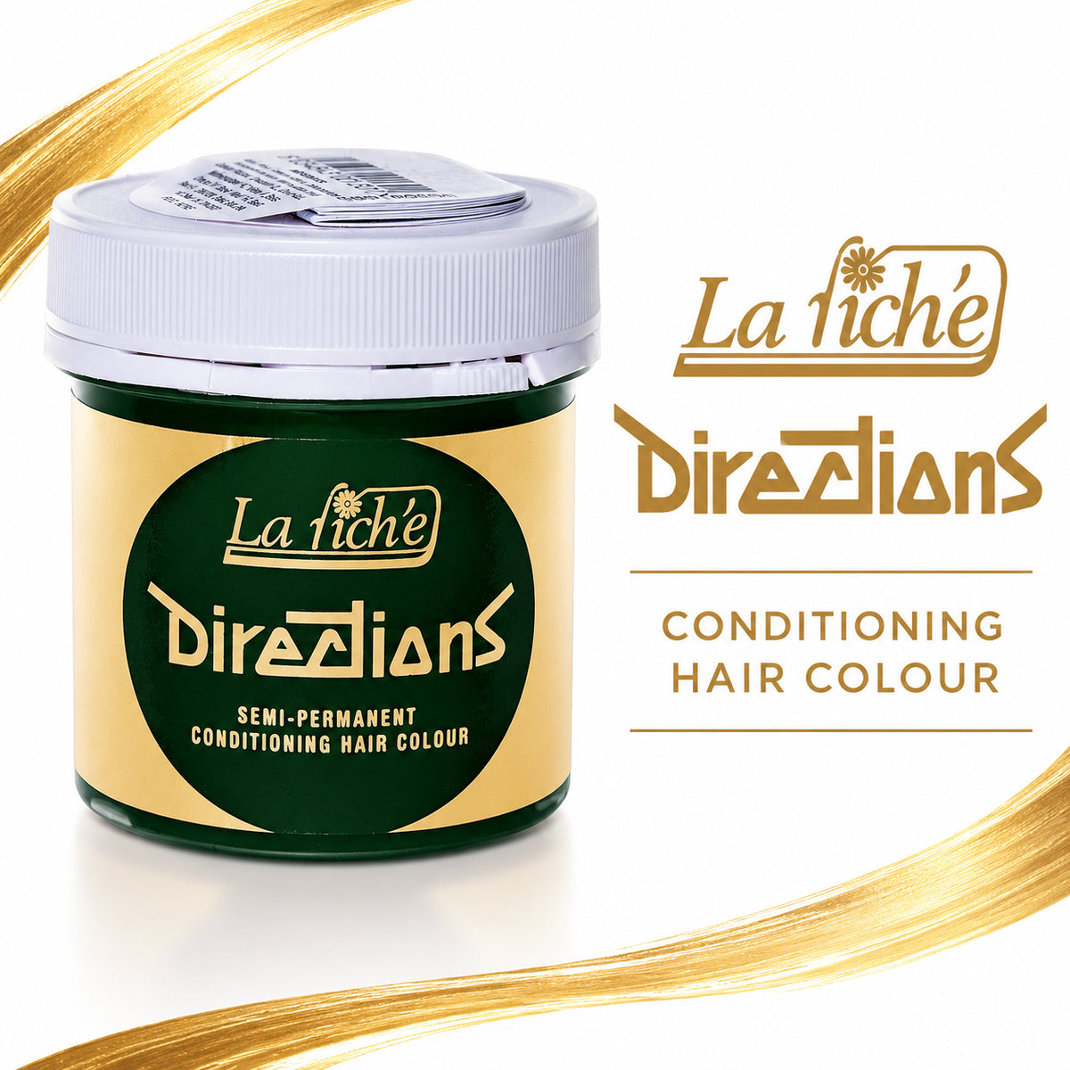 A jar of La Fiché Directions Conditioning Hair Colour shown on a white background with gold decorative hair strands and brand text. The product is a semi-permanent hair color in a dark green jar with a gold label and a white lid.