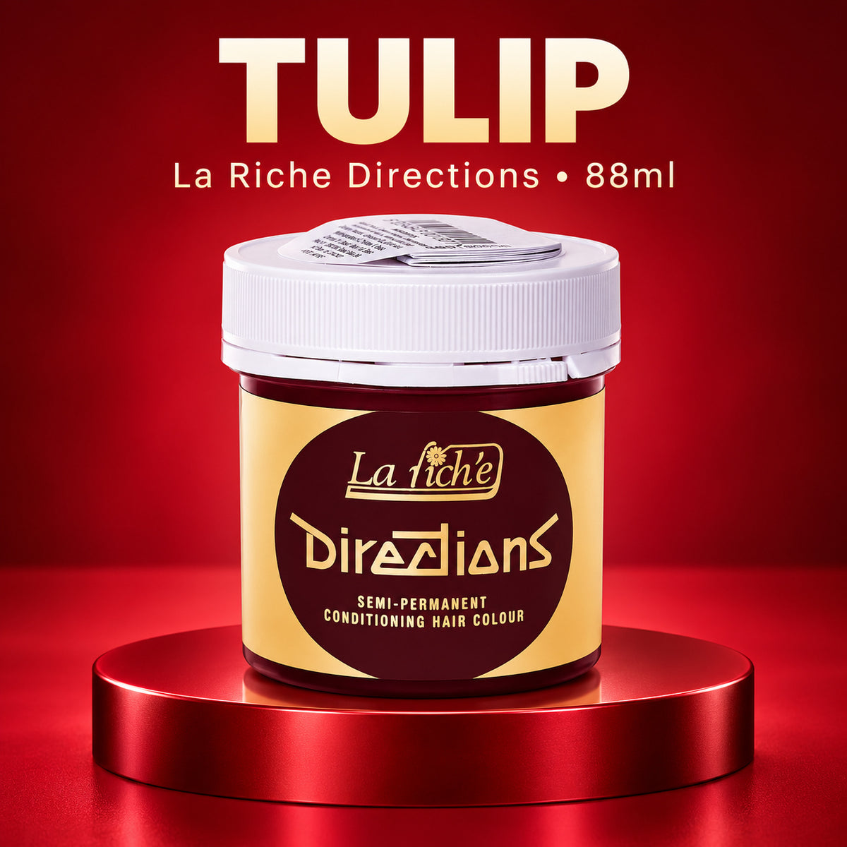 A jar of La Riche Directions TULIP semi-permanent conditioning hair colour, presented on a metallic red pedestal against a red background with text overlay.