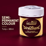 A jar of La Fichie Directions Semi-Permanent Tulip Conditioning Hair Colour on a dark burgundy background with product text on the left.