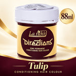 A jar of La Fiche Directions Semi-Permanent Conditioning Hair Colour in the Tulip shade, 88ml. The product is shown in a dark tulip-brown jar with a gold and white label, set against a gold and cream background with a gold '88ml' badge.