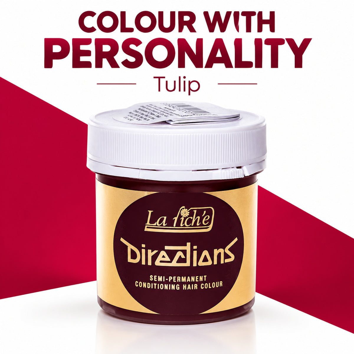 A jar of La Riche Directions Semi-Permanent Conditioning Hair Colour in the Tulip shade, set against a graphic background with red and white diagonal sections and promotional text.