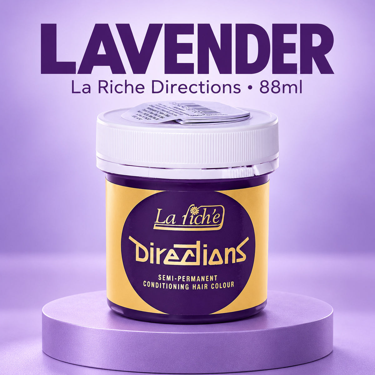 A jar of La Riche Directions hair color in the lavender shade, displayed on a purple pedestal against a matching purple background. The product packaging features a yellow and dark purple label with a white lid.