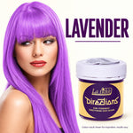 A woman with long, straight lavender hair is shown next to a jar of La Riche Directions Semi-Permanent Conditioning Hair Colour in the shade Lavender, on a light cream background.