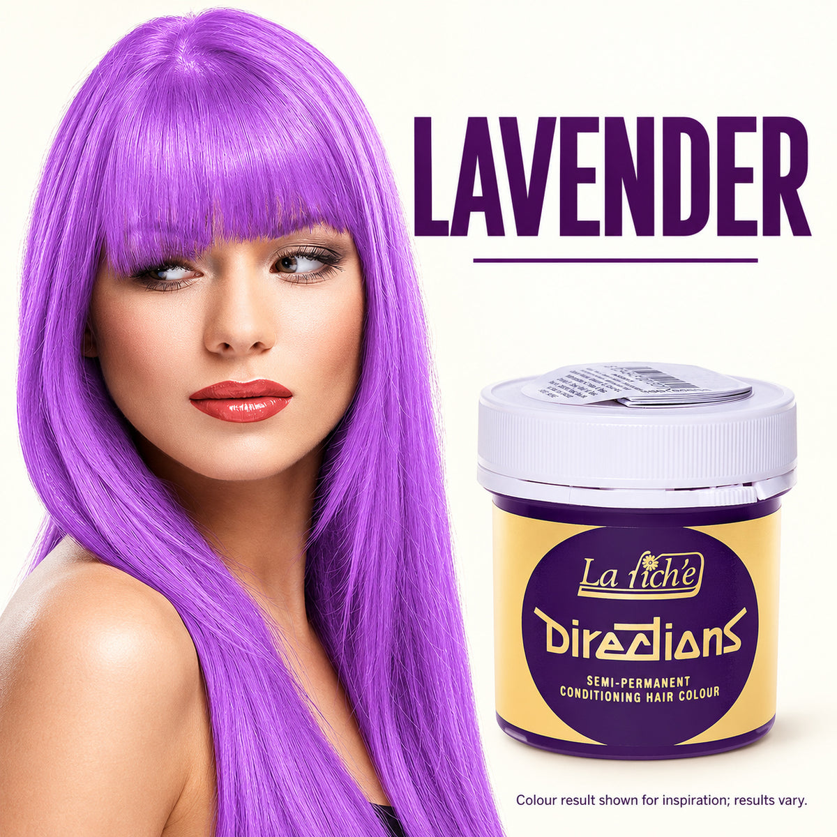A woman with long, straight lavender hair is shown next to a jar of La Riche Directions Semi-Permanent Conditioning Hair Colour in the shade Lavender, on a light cream background.