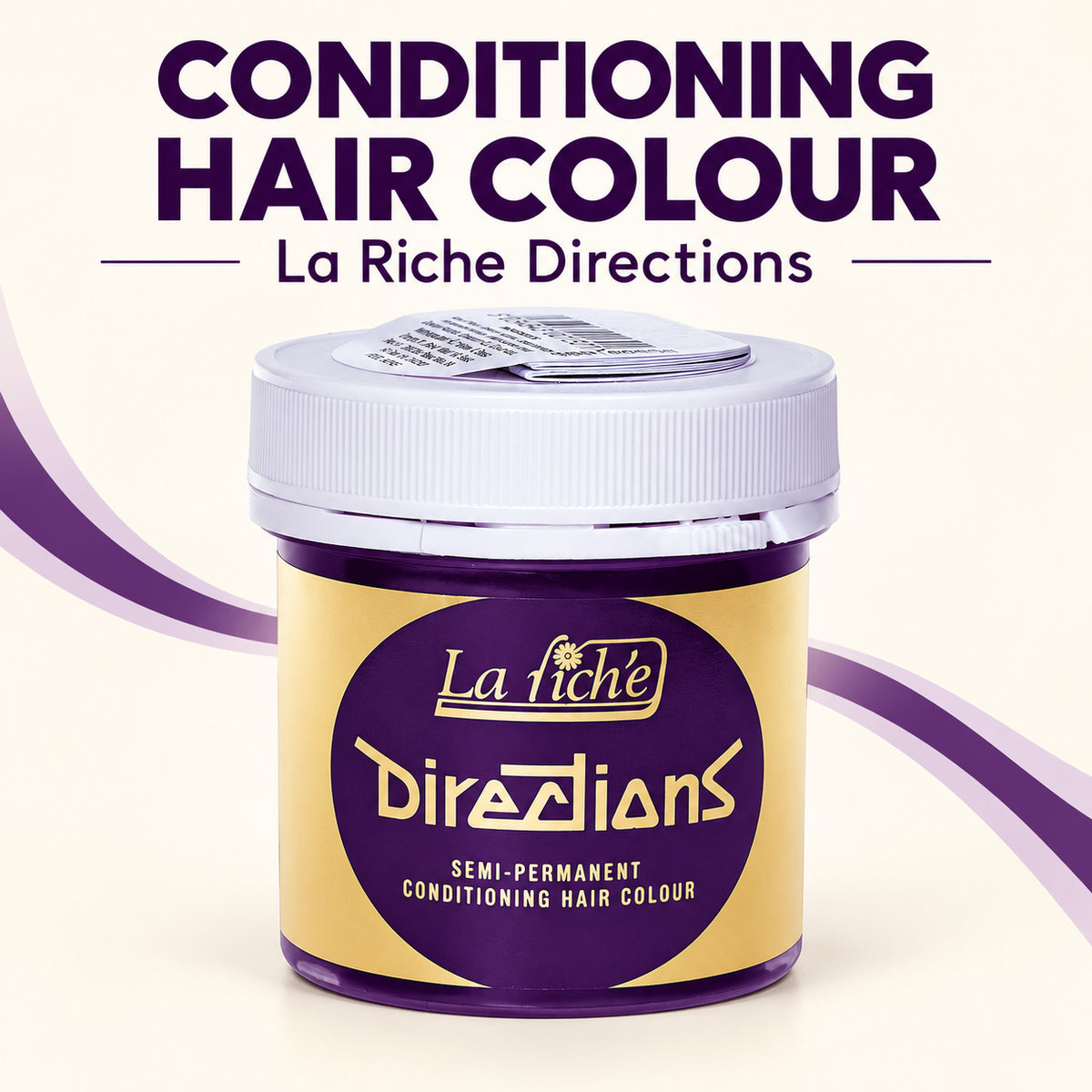 A jar of La Riche Directions Conditioning Hair Colour shown on a light cream background with purple text and decorative swooshes. The product jar is yellow and purple with a white lid.