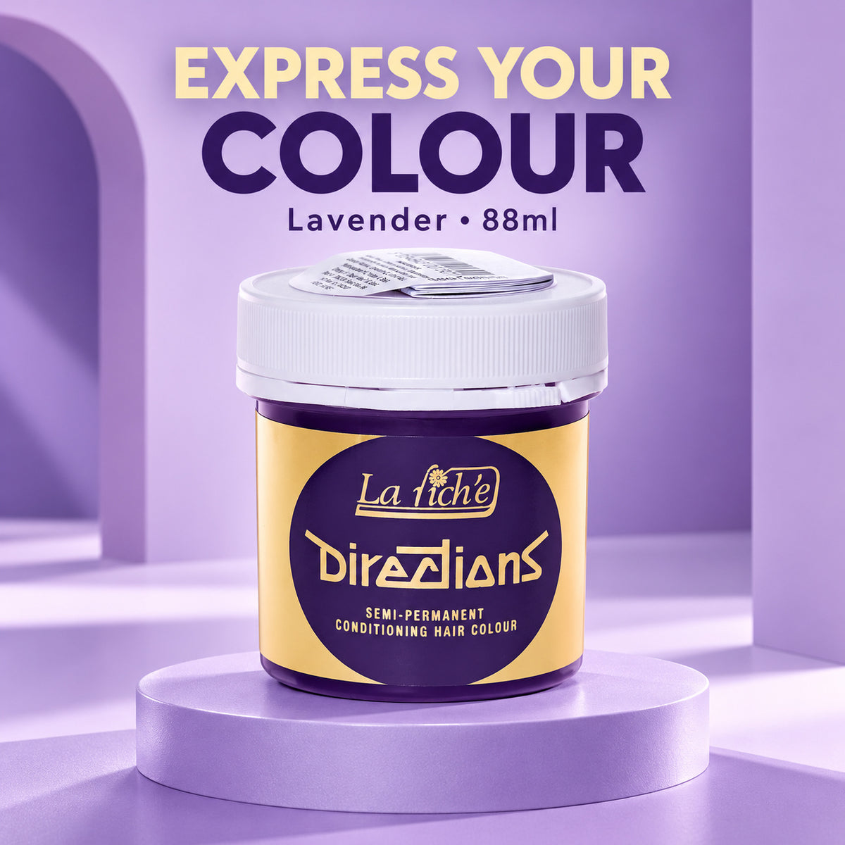 A jar of La Fiché Directions semi-permanent conditioning hair colour in lavender, displayed on a light purple pedestal with promotional text in the background.