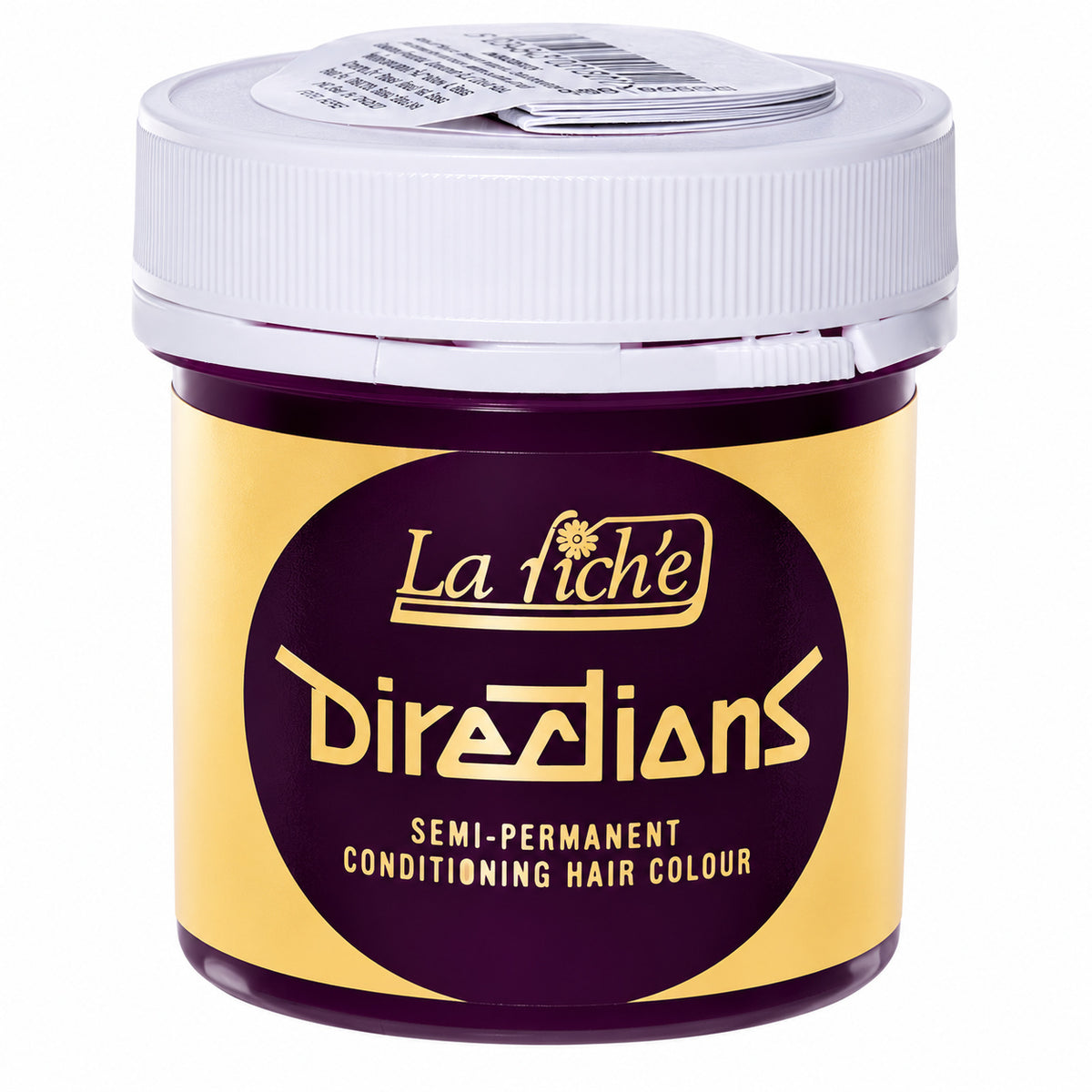 A jar of La Fiche Directions Semi-Permanent Conditioning Hair Colour, featuring a yellow and dark purple label with gold lettering and a white screw cap.